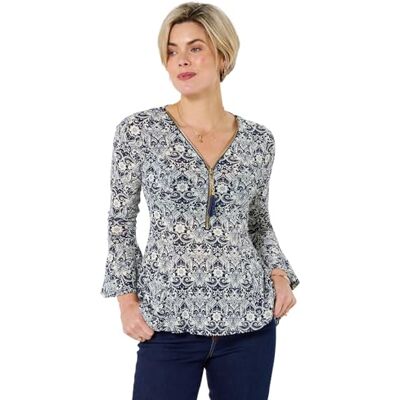 Joe Browns Women's Lace Overlay Fluted Sleeve Zip Front Top, Regular, Navy, UK 10 Joe Browns Women's Lace Overlay Fluted Sleeve Zip Front Top, Regular, Navy, UK 10