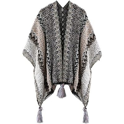 BOCOSO Knit Shawl Wrap Poncho Cape for Women, Ladies Knitted Cardigan Kimono with Fringe for Fall Winter, Grey Pattern BOCOSO Knit Shawl Wrap Poncho Cape for Women, Ladies Knitted Cardigan Kimono with Fringe for Fall Winter, Grey Pattern