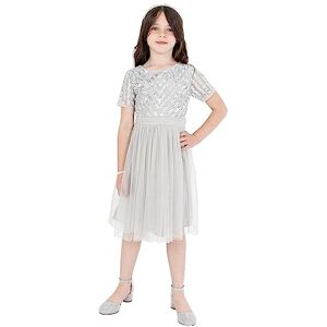 Maya Deluxe Girl's Midi Dress for Wedding with Sequin Embellishment Short Sleeve Prom Birthday Party Bridesmaid, Soft Grey, 9-10 Years, PL1-1463 Maya Deluxe Girl's Midi Dress for Wedding with Sequin Embellishment Short Sleeve Prom Birthday Party Bridesmaid, Soft Grey, 9-10 Years, PL1-1463