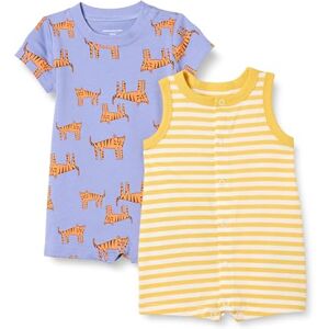 Amazon Essentials Unisex Babies' Sleeveless and Short-Sleeved Romper Set, Pack of 2, Purple Melon Tiger/Stripes, 24 Months Amazon Essentials Unisex Babies' Sleeveless and Short-Sleeved Romper Set, Pack of 2, Purple Melon Tiger/Stripes, 24 Months