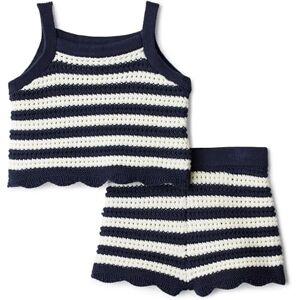 Amazon Essentials x Sofia Grainge Baby Girls Cotton Crochet Jumper Tank & Shorts Set, Mommy and Me Collection, Ivory Navy Polo Stripe, 12 Months Amazon Essentials x Sofia Grainge Baby Girls Cotton Crochet Jumper Tank & Shorts Set, Mommy and Me Collection, Ivory Navy Polo Stripe, 12 Months