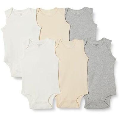 Amazon Essentials Unisex Babies' Sleeveless Bodysuits, Baby Vests, Pack of 6, Beige/Light Grey Heather/White, 0 Months Amazon Essentials Unisex Babies' Sleeveless Bodysuits, Baby Vests, Pack of 6, Beige/Light Grey Heather/White, 0 Months