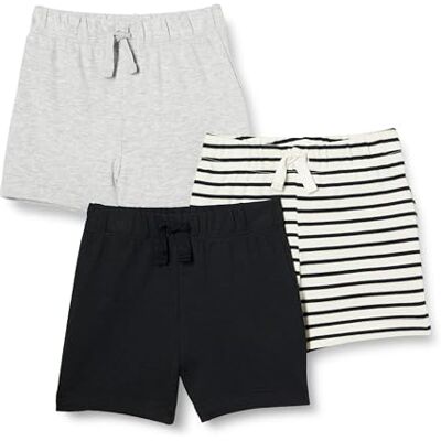 Amazon Essentials Unisex Babies' Cotton Pull-On Shorts, Pack of 3, Black/Light Grey Heather/Stripes, 3-6 Months Amazon Essentials Unisex Babies' Cotton Pull-On Shorts, Pack of 3, Black/Light Grey Heather/Stripes, 3-6 Months