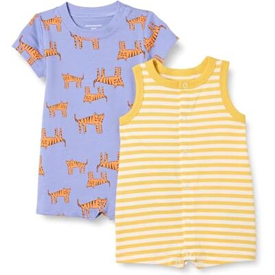 Amazon Essentials Unisex Babies' Sleeveless and Short-Sleeved Romper Set, Pack of 2, Purple Melon Tiger/Stripes, 12 Months Amazon Essentials Unisex Babies' Sleeveless and Short-Sleeved Romper Set, Pack of 2, Purple Melon Tiger/Stripes, 12 Months