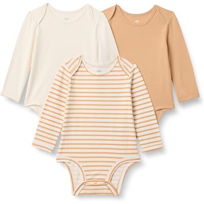 Amazon Essentials x Sofia Grainge Unisex Babies' Long Sleeve Crew Neck Bodysuit, Pack of 3, Ivory/Light Camel/Stripes, 0 Months Amazon Essentials x Sofia Grainge Unisex Babies' Long Sleeve Crew Neck Bodysuit, Pack of 3, Ivory/Light Camel/Stripes, 0 Months
