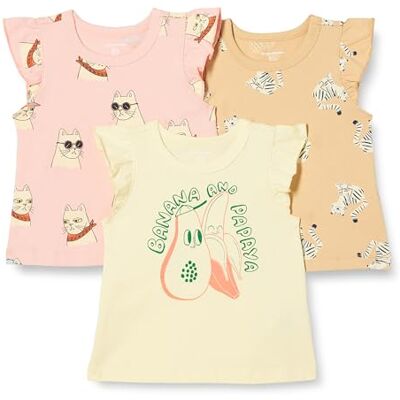 Amazon Essentials Girls' Sleeveless Ruffle T-Shirt, Pack of 3, Cool Cat/Tiger/Tropical Fruit, 4 Years Amazon Essentials Girls' Sleeveless Ruffle T-Shirt, Pack of 3, Cool Cat/Tiger/Tropical Fruit, 4 Years