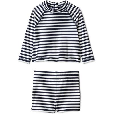 Amazon Essentials x Sofia Grainge Baby Boys' Two-Piece Long-Sleeve Rashguard and Shorts Set, Ivory Navy Even Stripe, 18 Months Amazon Essentials x Sofia Grainge Baby Boys' Two-Piece Long-Sleeve Rashguard and Shorts Set, Ivory Navy Even Stripe, 18 Months