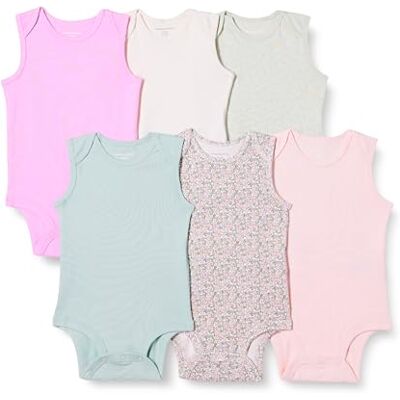 Amazon Essentials Unisex Babies' Sleeveless Bodysuits, Baby Vests, Pack of 6, Floral/Pink, 0-3 Months Amazon Essentials Unisex Babies' Sleeveless Bodysuits, Baby Vests, Pack of 6, Floral/Pink, 0-3 Months