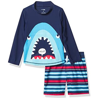 Simple Joys by Carter's Toddlers and Baby Boys' Swimsuit Trunk and Rashguard Set, Navy Shark/Red Stripe, 12 Months Simple Joys by Carter's Toddlers and Baby Boys' Swimsuit Trunk and Rashguard Set, Navy Shark/Red Stripe, 12 Months