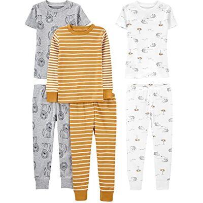 Simple Joys by Carter's Baby Boys' 6-Piece Snug-Fit Cotton Pyjama Set, Pack of 3, Gold Stripes/Grey Lion/White Animal, 12 Months Simple Joys by Carter's Baby Boys' 6-Piece Snug-Fit Cotton Pyjama Set, Pack of 3, Gold Stripes/Grey Lion/White Animal, 12 Months