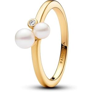 PANDORA Timeless 14k Gold-plated ring with white treated freshwater cultured pearl and clear cubic zirconia, 58 PANDORA Timeless 14k Gold-plated ring with white treated freshwater cultured pearl and clear cubic zirconia, 58