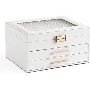 Meerveil Jewellery Box, 3-Tier Jewelry Box, Jewellery Organiser with 2 Drawers, Semi-transparent Design, PU Leather, for Necklace Earring Bracelet, White Meerveil Jewellery Box, 3-Tier Jewelry Box, Jewellery Organiser with 2 Drawers, Semi-transparent Design, PU Leather, for Necklace Earring Bracelet, White