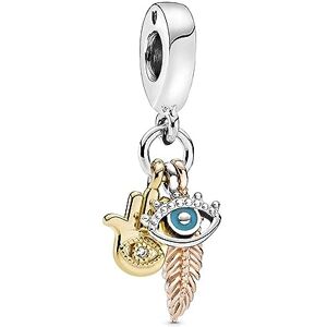PANDORA Passions Hand, eye and feather sterling silver, 14k gold-plated and 14k rose gold-plated dangle with clear cubic zirconia and turquoise enamel PANDORA Passions Hand, eye and feather sterling silver, 14k gold-plated and 14k rose gold-plated dangle with clear cubic zirconia and turquoise enamel