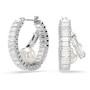 Swarovski Ariana Grande x hoop earrings, Crystal pearl, Baguette cut, White, Rhodium plated Swarovski Ariana Grande x hoop earrings, Crystal pearl, Baguette cut, White, Rhodium plated