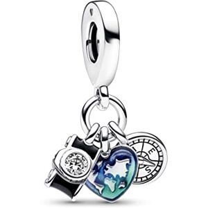 PANDORA Moments Camera, heart and compass sterling silver triple dangle with clear cubic zirconia, black, transparent blue and green enamel PANDORA Moments Camera, heart and compass sterling silver triple dangle with clear cubic zirconia, black, transparent blue and green enamel