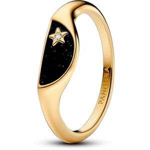 PANDORA ME Halved signet 14k gold-plated ring with clear cubic zirconia and glittery black enamel, 58 PANDORA ME Halved signet 14k gold-plated ring with clear cubic zirconia and glittery black enamel, 58