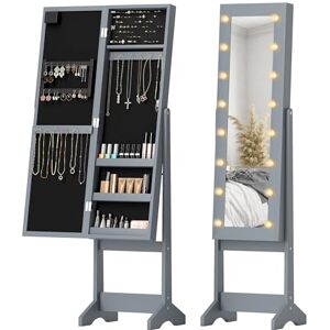 HOMCOM Freestanding Mirror Jewelry Cabinet with LED Lights, Jewellery Organiser with 3 Angle Adjustable, Full-Length Mirror with Storage for Earrings, Necklaces, Rings and Lipsticks, Grey HOMCOM Freestanding Mirror Jewelry Cabinet with LED Lights, Jewellery Organiser with 3 Angle Adjustable, Full-Length Mirror with Storage for Earrings, Necklaces, Rings and Lipsticks, Grey