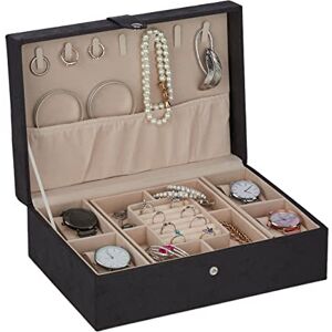 Relaxdays Jewellery Organiser with Lid, Leather Look, Velvet, Jewelry Box for Ladies & Gents, HWD: 10x29x20 cm, Black, Fibreboard Relaxdays Jewellery Organiser with Lid, Leather Look, Velvet, Jewelry Box for Ladies & Gents, HWD: 10x29x20 cm, Black, Fibreboard