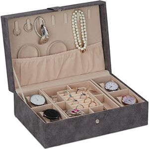 Relaxdays Jewellery Organiser with Lid, Leather Look, Velvet, Jewelry Box for Ladies & Gents, HWD: 10x29x20 cm, Grey, Fibreboard Relaxdays Jewellery Organiser with Lid, Leather Look, Velvet, Jewelry Box for Ladies & Gents, HWD: 10x29x20 cm, Grey, Fibreboard