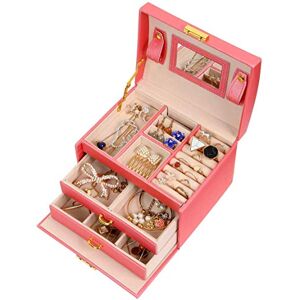 Mondeer Jewellery Box, Jewellery Oganiser, 3 Layers PU Leather Jewelry Storage Box with Mirror and Lock, for Rings Bracelets Earrings Necklaces, Pink Mondeer Jewellery Box, Jewellery Oganiser, 3 Layers PU Leather Jewelry Storage Box with Mirror and Lock, for Rings Bracelets Earrings Necklaces, Pink