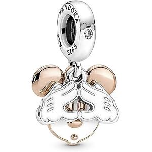 PANDORA Disney Mickey Mouse sterling silver and 14k rose gold-plated double dangle with clear cubic zirconia and white enamel PANDORA Disney Mickey Mouse sterling silver and 14k rose gold-plated double dangle with clear cubic zirconia and white enamel