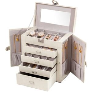 FEIYAN Jewelry Box for Women 5-layer Leather Jewelry Organizer Box with Drawers/Mirror, White Jewelry Box Large Jewelry Case for Necklace/Ring/Earring/Watch Storage (White) FEIYAN Jewelry Box for Women 5-layer Leather Jewelry Organizer Box with Drawers/Mirror, White Jewelry Box Large Jewelry Case for Necklace/Ring/Earring/Watch Storage (White)