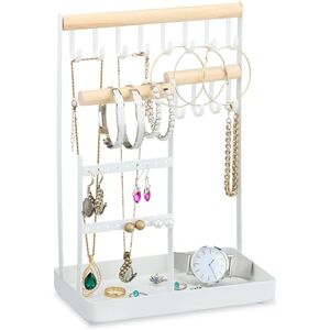 Relaxdays Jewellery Stand, Necklace Storage, Bracelets & Earrings, Holder with Ring Tray, Wood & Metal, White/Natural, Iron, 28.5 x 19.5 x 11 cm Relaxdays Jewellery Stand, Necklace Storage, Bracelets & Earrings, Holder with Ring Tray, Wood & Metal, White/Natural, Iron, 28.5 x 19.5 x 11 cm