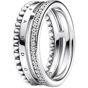 PANDORA Signature Logo Pavé & Beads sterling silver ring with clear cubic zirconia, 56 PANDORA Signature Logo Pavé & Beads sterling silver ring with clear cubic zirconia, 56