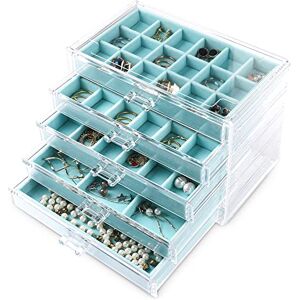 Frebeauty Acrylic Jewelry Organizer,Earring Organizer Box with 5 Drawers Clear Jewelry Box with Velvet Trays for Women,Stackable Earring Display Holder for Rings Studs and Bracelets(Turquoise) Frebeauty Acrylic Jewelry Organizer,Earring Organizer Box with 5 Drawers Clear Jewelry Box with Velvet Trays for Women,Stackable Earring Display Holder for Rings Studs and Bracelets(Turquoise)