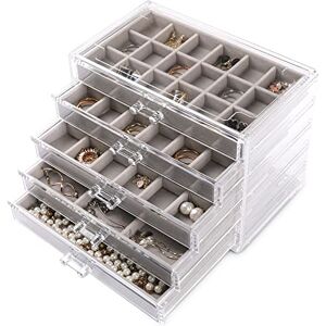 Frebeauty Acrylic Jewelry Organizer,Earring Organizer Box with 5 Drawers Clear Jewelry Box with Velvet Trays for Women,Stackable Earring Display Holder for Rings Studs and Bracelets(Grey) Frebeauty Acrylic Jewelry Organizer,Earring Organizer Box with 5 Drawers Clear Jewelry Box with Velvet Trays for Women,Stackable Earring Display Holder for Rings Studs and Bracelets(Grey)