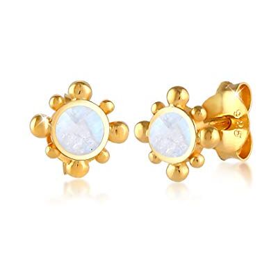 Elli Earrings Woman Plug Moonstone Vintage in 925 Sterling Silver Gold Plated Elli Earrings Woman Plug Moonstone Vintage in 925 Sterling Silver Gold Plated