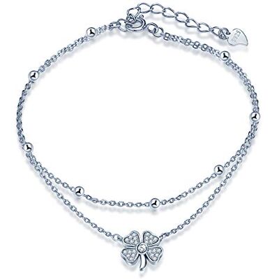 Yumilok 925 Sterling Silver Simple Design Cubic Zirconia Four Leaf Clover Double Link Anklets for Women Yumilok 925 Sterling Silver Simple Design Cubic Zirconia Four Leaf Clover Double Link Anklets for Women