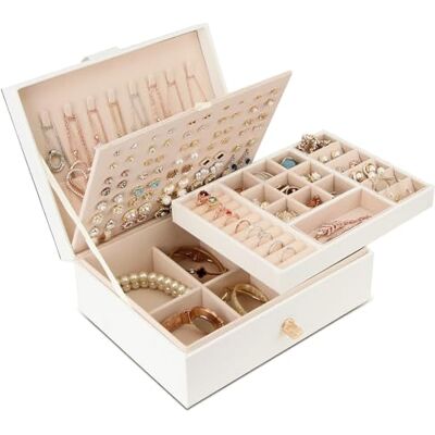 Chelory Jewellery Box Organiser for Women Girls, 3 Layer Large Jewellery Storage Case for Rings Earrings Necklace Bracelets Faux Leather Jewelry Gift Box (White) Chelory Jewellery Box Organiser for Women Girls, 3 Layer Large Jewellery Storage Case for Rings Earrings Necklace Bracelets Faux Leather Jewelry Gift Box (White)