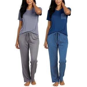Real Essentials 4 Piece: Women’s Super-Soft Pajama Set V-Neck Short Sleeve Top with Pants Loungewear Multicoloured Medium Real Essentials 4 Piece: Women’s Super-Soft Pajama Set V-Neck Short Sleeve Top with Pants Loungewear Multicoloured Medium