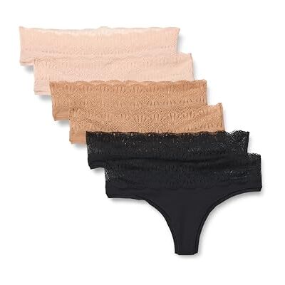 Amazon Essentials Women's Peached Microfibre with Lace Trim Bikini Knicker, Pack of 6, Black/Soft Petal/Washed Bronze, 12 Amazon Essentials Women's Peached Microfibre with Lace Trim Bikini Knicker, Pack of 6, Black/Soft Petal/Washed Bronze, 12