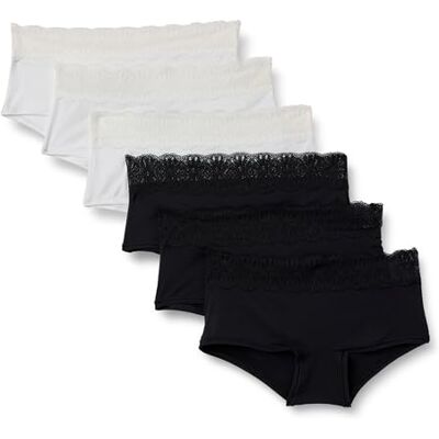 Amazon Essentials Women's Peached Microfibre with Lace Trim Bikini Knicker, Pack of 6, Black/White, 16 Amazon Essentials Women's Peached Microfibre with Lace Trim Bikini Knicker, Pack of 6, Black/White, 16