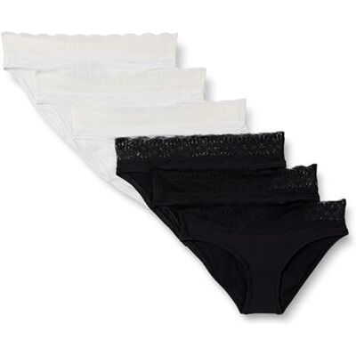 Amazon Essentials Women's Peached Microfibre with Lace Trim Bikini Knicker, Pack of 6, Black/White, 8 Amazon Essentials Women's Peached Microfibre with Lace Trim Bikini Knicker, Pack of 6, Black/White, 8