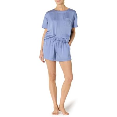 Amazon Essentials Women's Satin Pyjama Top and Shorts Set, Dusty Blue, XL Amazon Essentials Women's Satin Pyjama Top and Shorts Set, Dusty Blue, XL