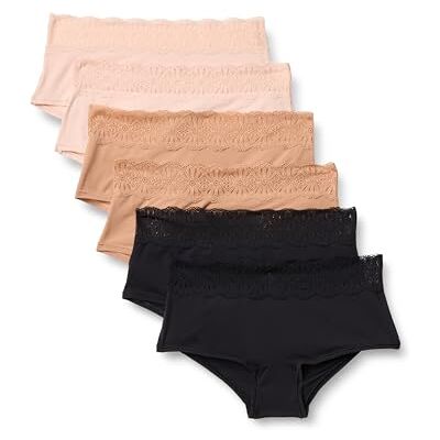 Amazon Essentials Women's Peached Microfibre with Lace Trim Bikini Knicker, Pack of 6, Black/Soft Petal/Washed Bronze, 8 Amazon Essentials Women's Peached Microfibre with Lace Trim Bikini Knicker, Pack of 6, Black/Soft Petal/Washed Bronze, 8