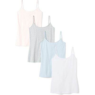 Amazon Essentials Women's Slim-Fit Camisole, Pack of 4, Light Blue/Light Grey Heather/Pale Pink/White, Small Amazon Essentials Women's Slim-Fit Camisole, Pack of 4, Light Blue/Light Grey Heather/Pale Pink/White, Small
