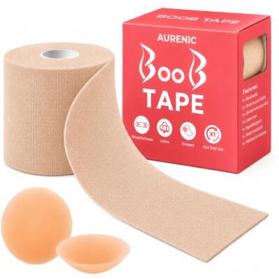AURENIC Boob Tape for Large Breasts – 5M Strong bob Tape with 2 Silicone Nipple Covers –Boobtapes, Boobie Tape for Lift & Support – Perfect for Backless Dresses AURENIC Boob Tape for Large Breasts – 5M Strong bob Tape with 2 Silicone Nipple Covers –Boobtapes, Boobie Tape for Lift & Support – Perfect for Backless Dresses