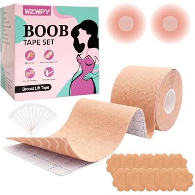 WZWPY Boob Tape Kit Breast Lift Tape for Large Breasts A-G Cup Waterproof Body Tape for Push Up & Shape, Invisible Adhesive Bra with Reusable Silicone Nipple Covers for Backless Dress WZWPY Boob Tape Kit Breast Lift Tape for Large Breasts A-G Cup Waterproof Body Tape for Push Up & Shape, Invisible Adhesive Bra with Reusable Silicone Nipple Covers for Backless Dress
