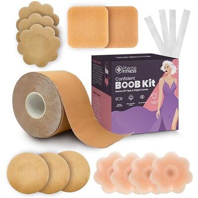 Pharmafitness Boob Tape Kit for Women – Breast Lift Tape for Large Breasts A-G Cup, Waterproof Body Tape for Clothes, 5m Double Sided Fashion Tape with 2 Pairs Silicone Nipple Covers & 6 Pairs Adhesive Covers Pharmafitness Boob Tape Kit for Women – Breast Lift Tape for Large Breasts A-G Cup, Waterproof Body Tape for Clothes, 5m Double Sided Fashion Tape with 2 Pairs Silicone Nipple Covers & 6 Pairs Adhesive Covers