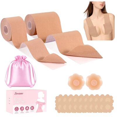 Sovano Boob Tape Set, Boobtapes for Lift Support A-G Cup for Push up, 2 Pack 5M Stretchable Self-Adhesive Boobtape for Small Large Breasts Body tape with 2 PCS Nipple Covers Sovano Boob Tape Set, Boobtapes for Lift Support A-G Cup for Push up, 2 Pack 5M Stretchable Self-Adhesive Boobtape for Small Large Breasts Body tape with 2 PCS Nipple Covers