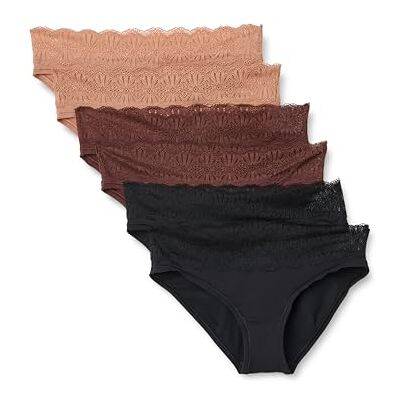 Amazon Essentials Women's Peached Microfibre with Lace Trim Bikini Knicker, Pack of 6, Black/Rich Hazel/Washed Bronze, 8 Amazon Essentials Women's Peached Microfibre with Lace Trim Bikini Knicker, Pack of 6, Black/Rich Hazel/Washed Bronze, 8