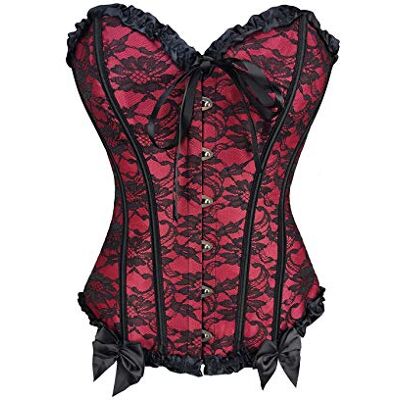 RHISLEO Women Lace Up Floral Lace Red Burlesque Basque Bustier Shaper Overbust Boned Corset Top RHISLEO Women Lace Up Floral Lace Red Burlesque Basque Bustier Shaper Overbust Boned Corset Top