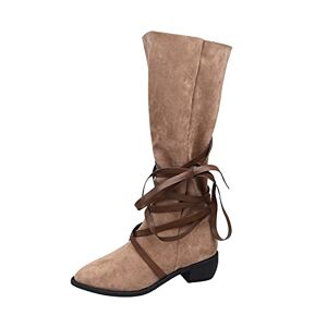 Xinixn Leather Boots Woman Ladies Fashion Solid Color Suede Lace-Up Pointed Toe British Style Thick Heel Long Boots Shoes For Women, Beige, 6 Uk