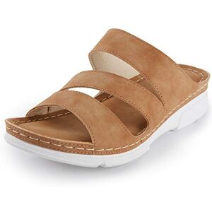 Alexis Leroy Women'S Casual Triple Strap Open Toe Wedged Slide Sandals Camel 7 Uk