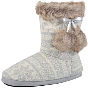Autumn Faith Ladies Grey Knitted Fairisle Bootie Slippers with Faux Fur Pompoms UK 7 Autumn Faith Ladies Grey Knitted Fairisle Bootie Slippers with Faux Fur Pompoms UK 7