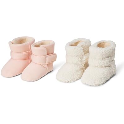 Amazon Essentials Unisex Babies' Soft Hook & Loop Booties, Infant Cot Shoes, Stay on Infant Slipper Socks with Grippers, Pack of 2, Natural Sherpa Pink, 1 UK Child Amazon Essentials Unisex Babies' Soft Hook & Loop Booties, Infant Cot Shoes, Stay on Infant Slipper Socks with Grippers, Pack of 2, Natural Sherpa Pink, 1 UK Child